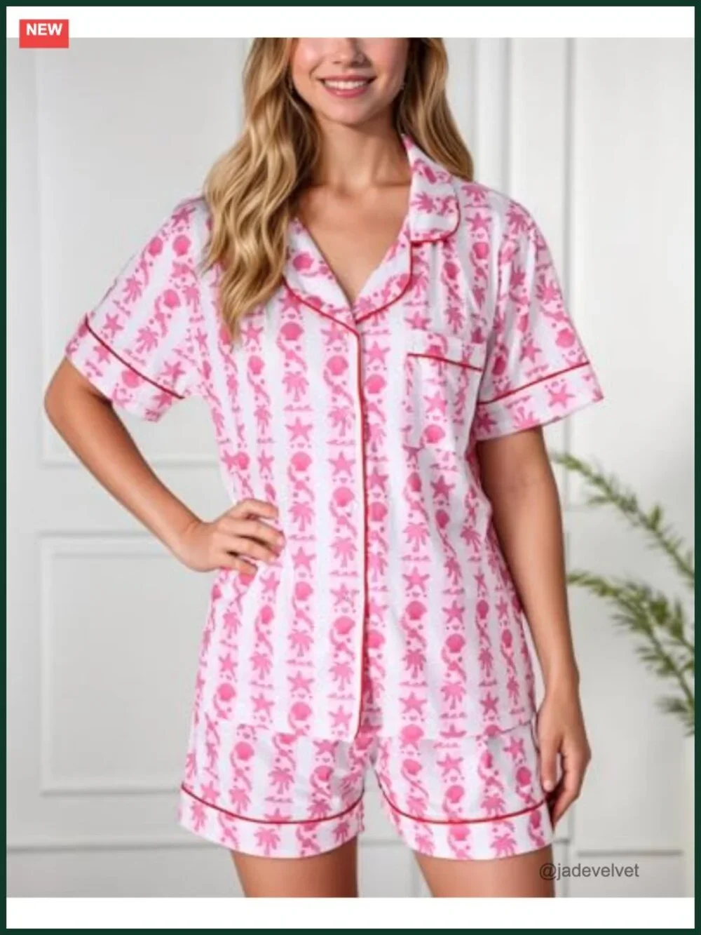 Women's Pajama Set with Palm Print Short Sleeve Top & Shorts Summer Sleepwear